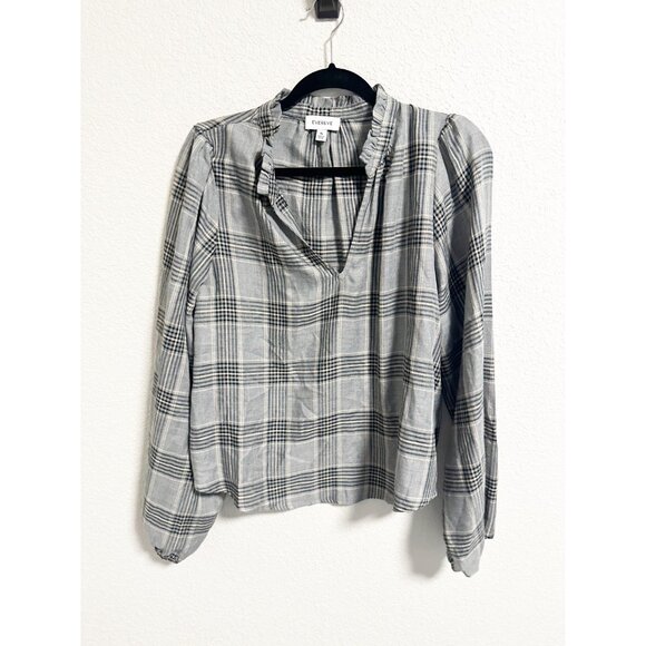Evereve Declan Plaid Printed Top V Neck Balloon Sleeve Academia Preppy Size XL - Picture 2 of 6